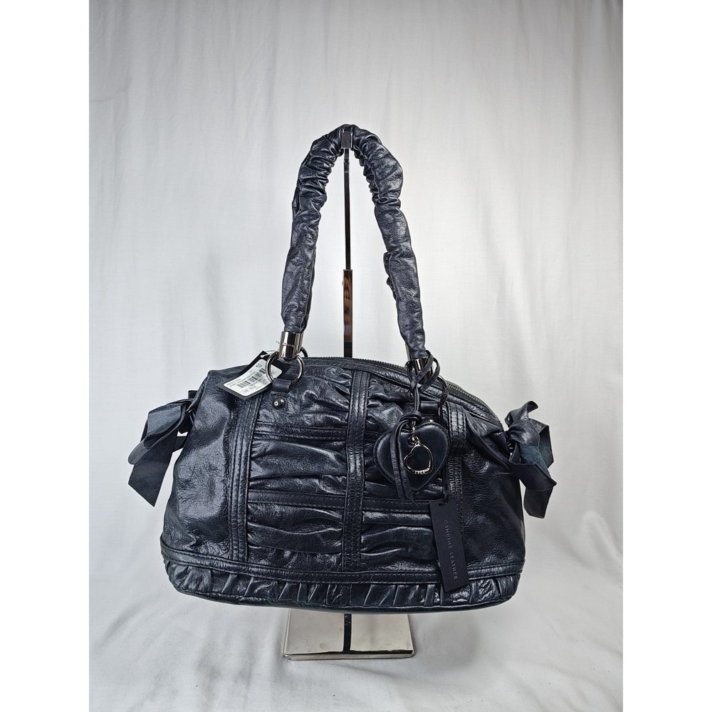 bebe Jagger Black Cowhide Leather Ruched Bow Satchel Shoulder Bag Purse NWT